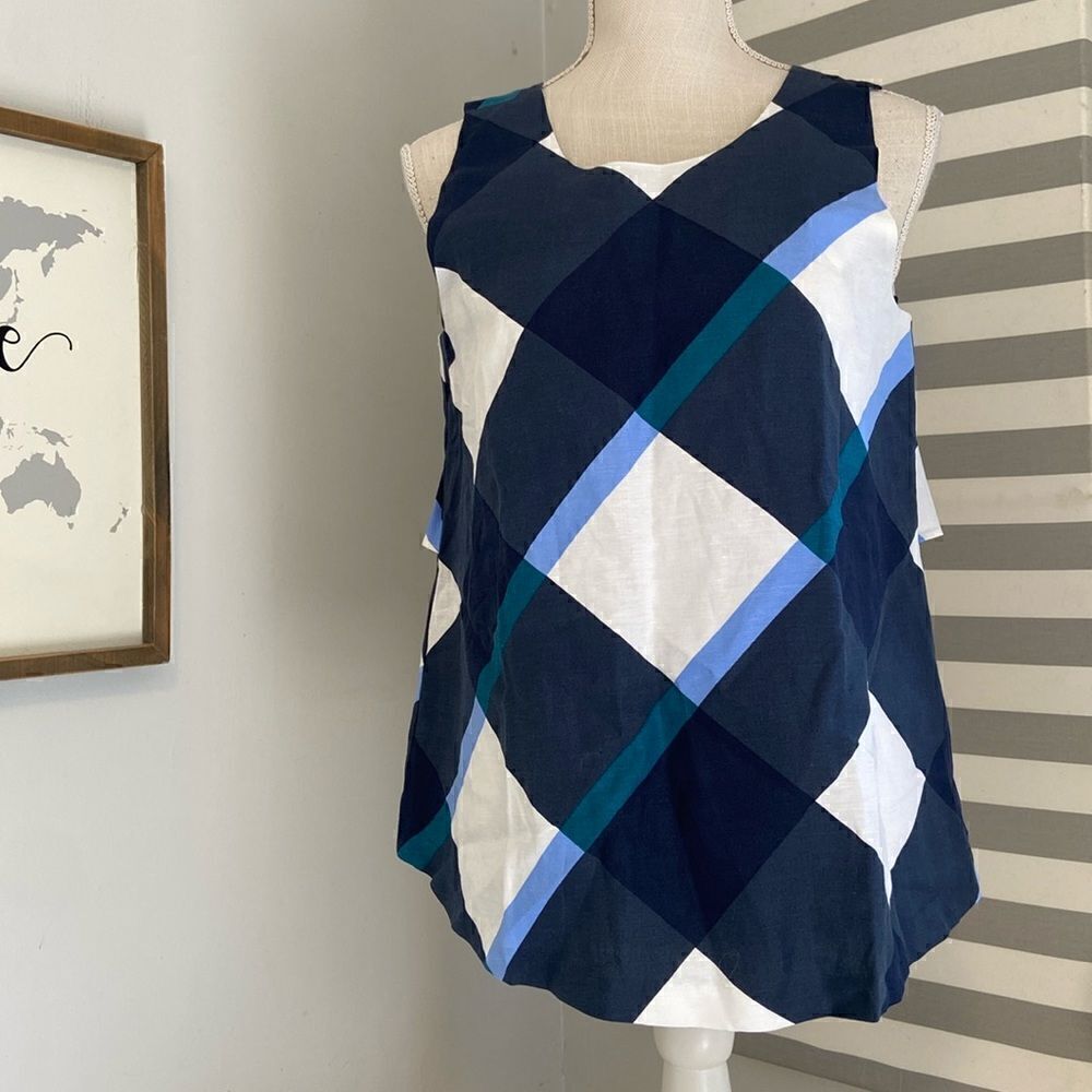 Ann Taylor Blue & White Plaid Ruffle Tie-Back Sleeveless Blouse Size Small NEW